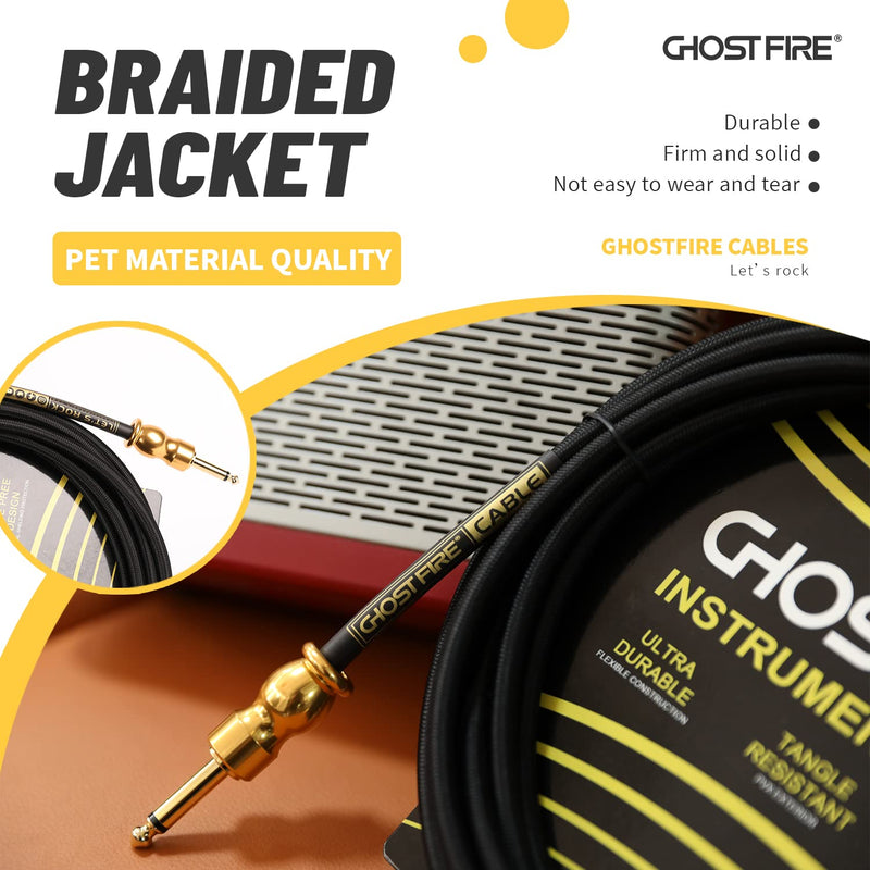 GHOST FIRE High Performance Electric Guitar Cable Instrument Cable (10 feet) Bass AMP Cord 1/4 Straight to Straight Gold-Plated Plugs black