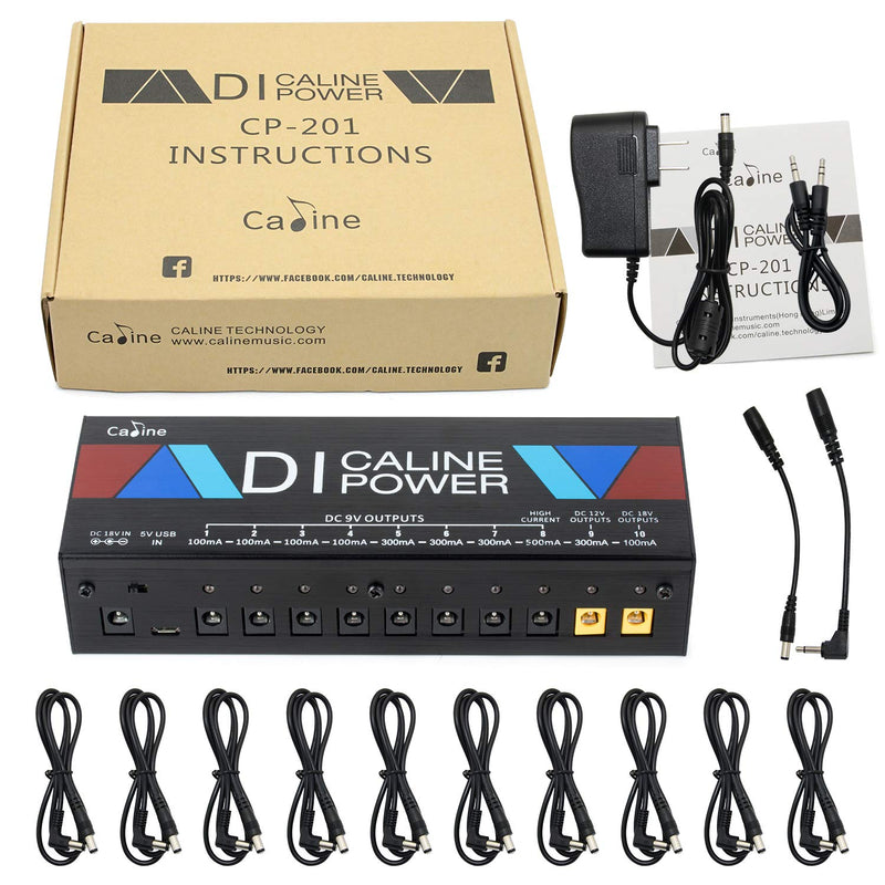 Guitar Pedal Power Supply with DI Box, 10 Isolated Output for 9V/12V/18V 100mA 300mA 500mA Effect Pedal with USB Input Port for Supply Power by Power Bank Mobile Phone or Tablet CP-201