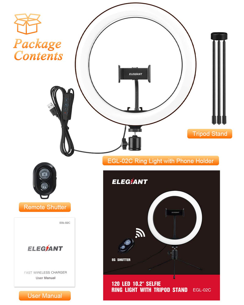 ELEGIANT 10.2" Selfie Ring Light with Tripod Stand, Dimmable Ring Light with Cell Phone Holder 3 Light Modes & 11 Brightness Level for YouTube Video Live Stream Desk Makeup Photography