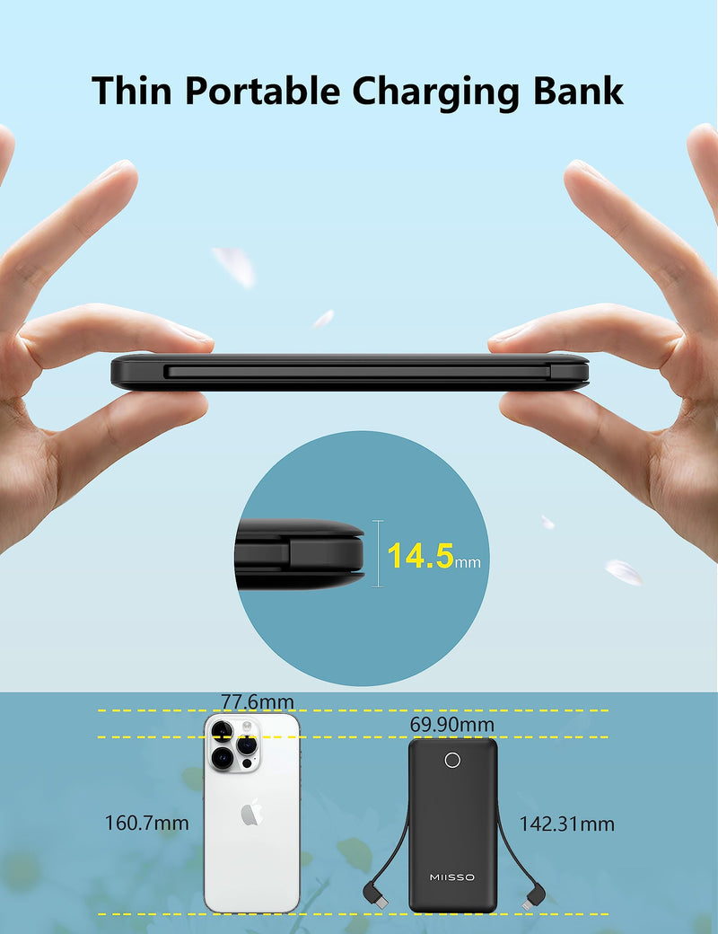 miisso 10000mah Slim Portable Charger with Built in Cable, Power Bank Travel Phone Charger External Battery Pack for Phones, 4 Output USB C Cords Clutch Charger Compatible with iPhone, Samsung, Black