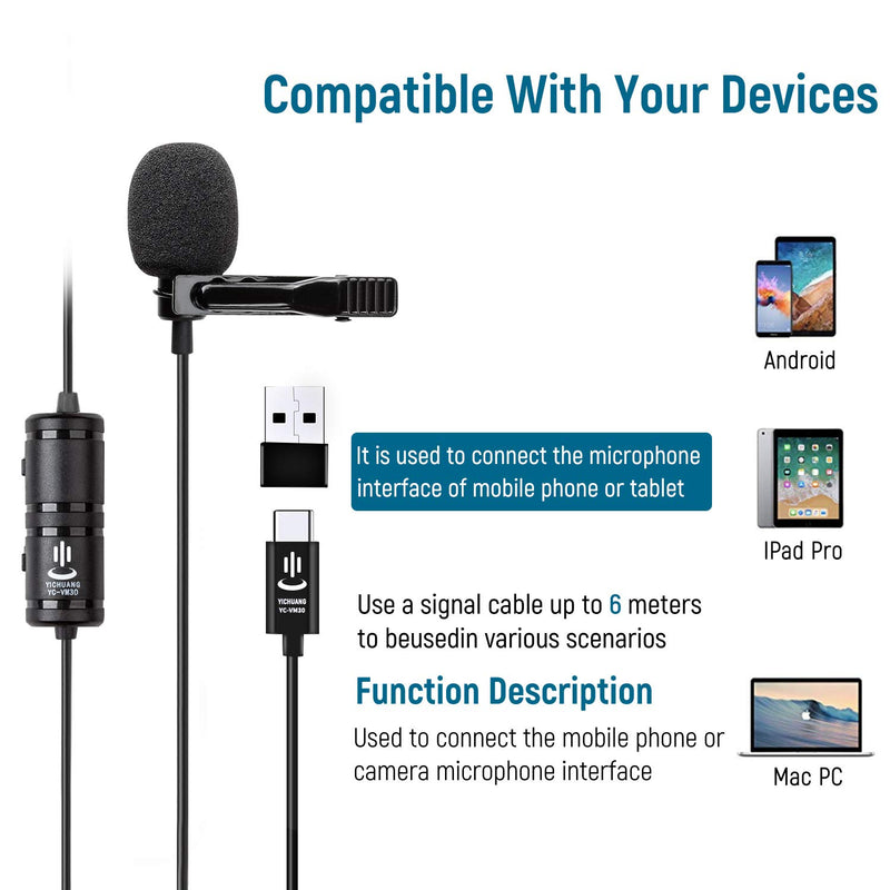 Android Type-C Microphone，19.6ft Clip-on Lapel Omnidirectional Microphone Audio Video Recording Compatible with Android Type C Interface Device for YouTube, Interview Vlogging, Podcasting,etc