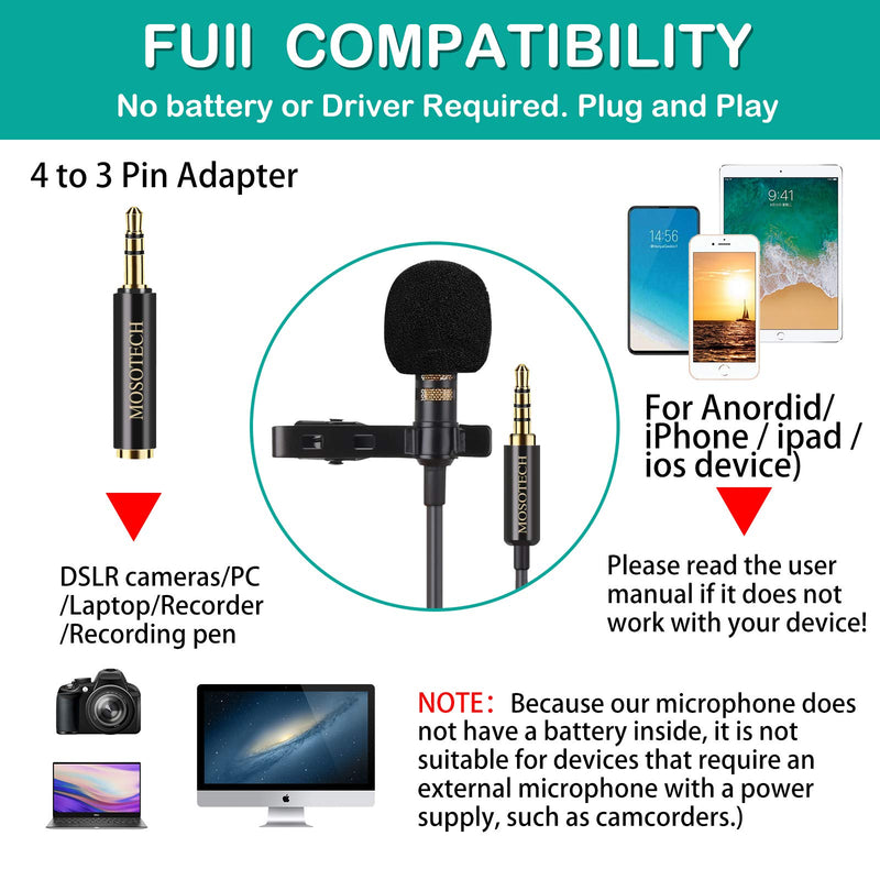 MOSOTECH 3.5mm Lavalier Microphone, Omnidirectional Lapel Microphone with 79" Extension Cable, Professional Condenser Clip-on Mic for Smartphones, PC, DLSR, YouTube, Interview, Podcast Recording