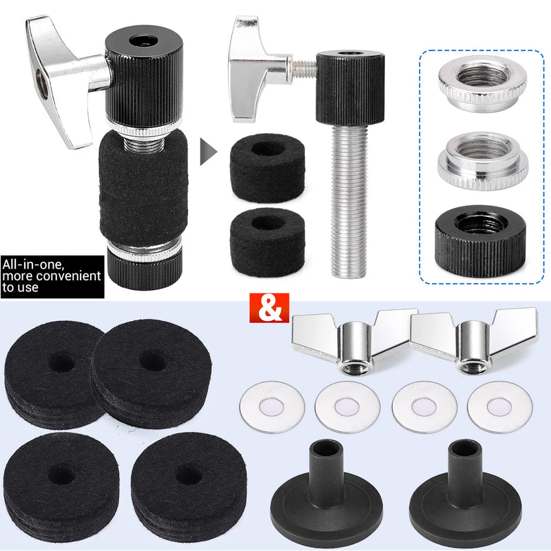 Facmogu 13PCS Cymbal Replacement Accessories, Standard Hi-Hat Clutch, Drum Cymbal Felt Pads Include Wing Nuts & Washers & Plastic Cymbal Sleeves, Replacement for Drum Set - Black 13 PCS