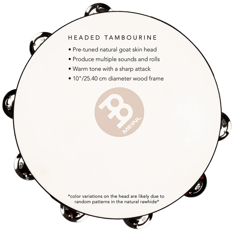 Meinl Percussion TAH2AB Traditional 10-Inch Wood Tambourine with Goat Skin Head and Steel Jingles, 2 Row Double Row Headed
