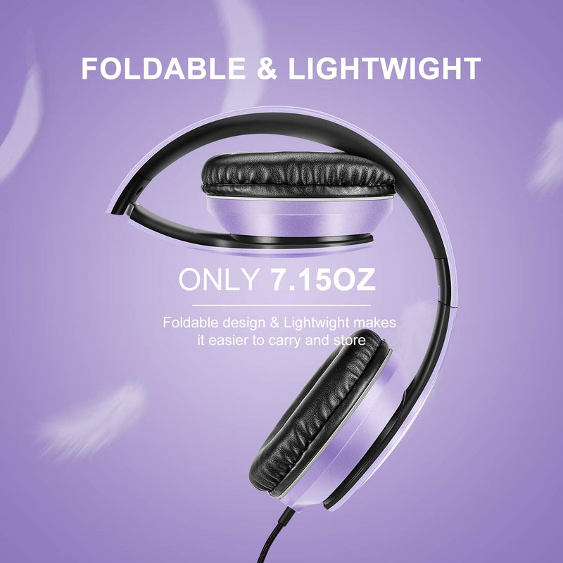 LORELEI X6 Over-Ear Headphones with Microphone, Lightweight Foldable & Portable Stereo Bass Headphones with 1.45M No-Tangle,Wired Headphones for Smartphone Tablet MP3 / 4 (Purple-Black) Dark Purple