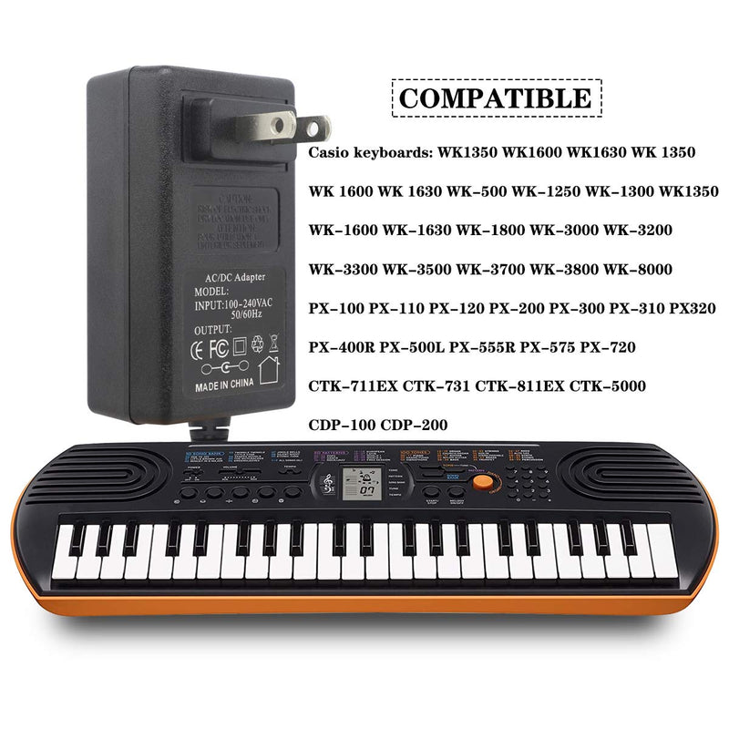 12V AC Adapter Compatible with Casio Electronic Piano & Keyboard AD-12MLA(U) AD12M3 WK-1630 AD12M WK-500 WK-1250 WK-1300 WK-1350 WK-1600 WK-1800 WK-3200 WK-3500 WK-3700 WK-8000 DC Power Supply Cord