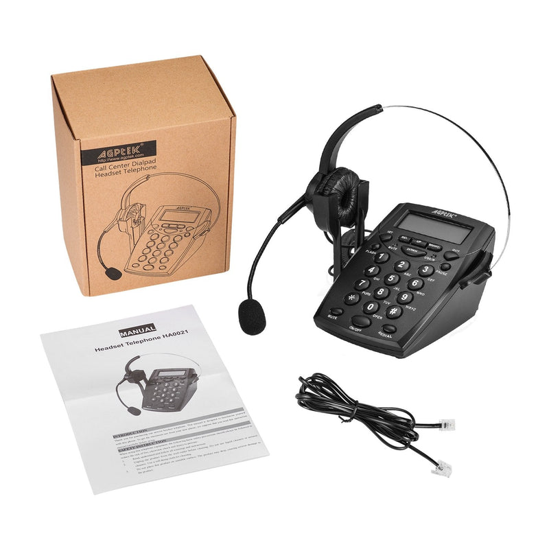 AGPtek® Handsfree Call Center Dialpad Corded Telephone #HA0021 with Monaural Headset Headphones Tone Dial Key Pad & REDIAL- 1 Year Warranty Keypad headset