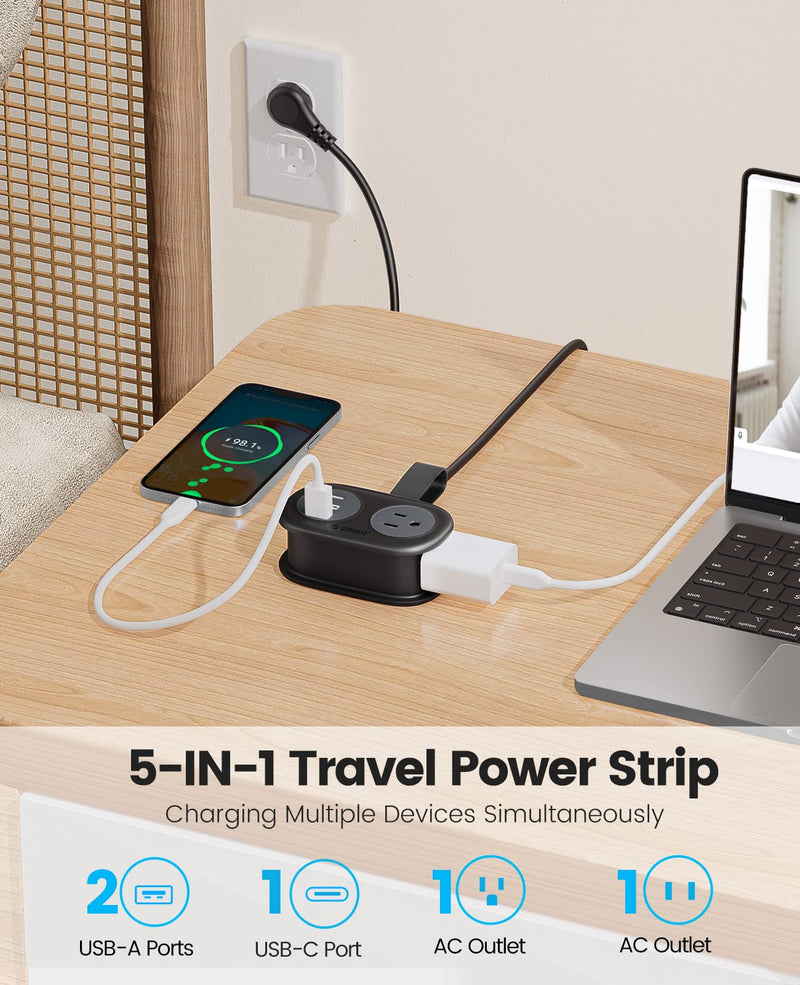 ORICO Travel Power Strip with USB Ports, 3.7 ft Extension Cord with 2 AC Outlets 3 USB Ports (1 USB-C), Flat Plug Power Strip with USB C Cruise Travel Must Haves - Black 1 USB-C 2 USB-A | 2 Outlets | Black