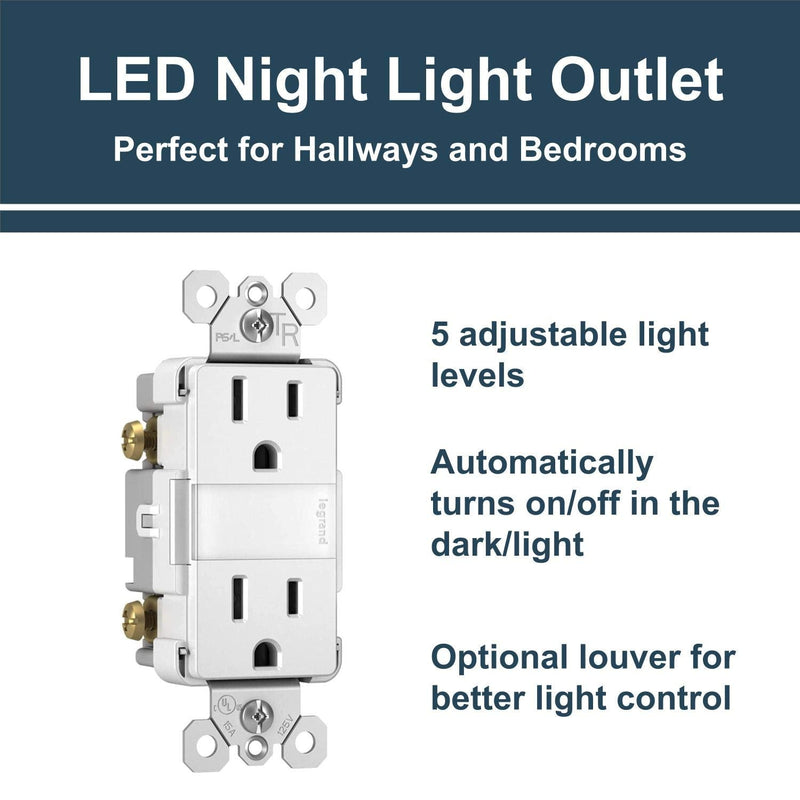 Legrand radiant Adjustable LED Night Light Outlet, Nightlight Electrical Outlets, Tamper Resistant, Safe for Kids, White, NTL885TRWCC6 1.6W x 2.75H Modern
