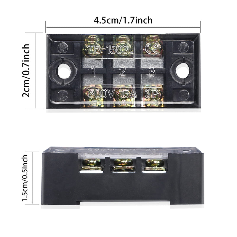 PNGKNYOCN 3 Positions Dual Rows 600V 15A Barrier Screw Terminal Strip Block with Cover TB-1504（10-Pack ）