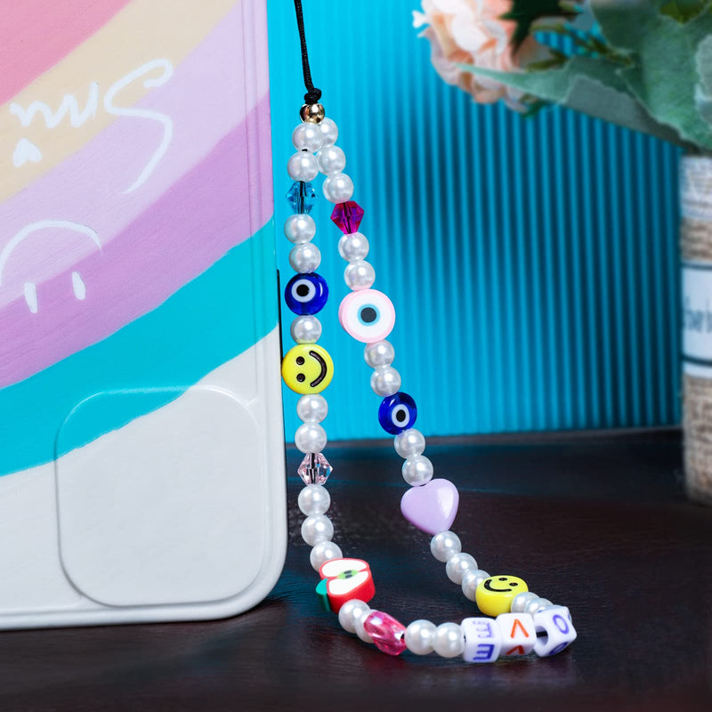3 Pieces Smiley Face Beaded Phone Lanyard Wrist Strap Fruit Star Letter Pearl Handmade Rainbow Polymer Clay Acrylic Beads Pearl Bracelet Keychain for Women