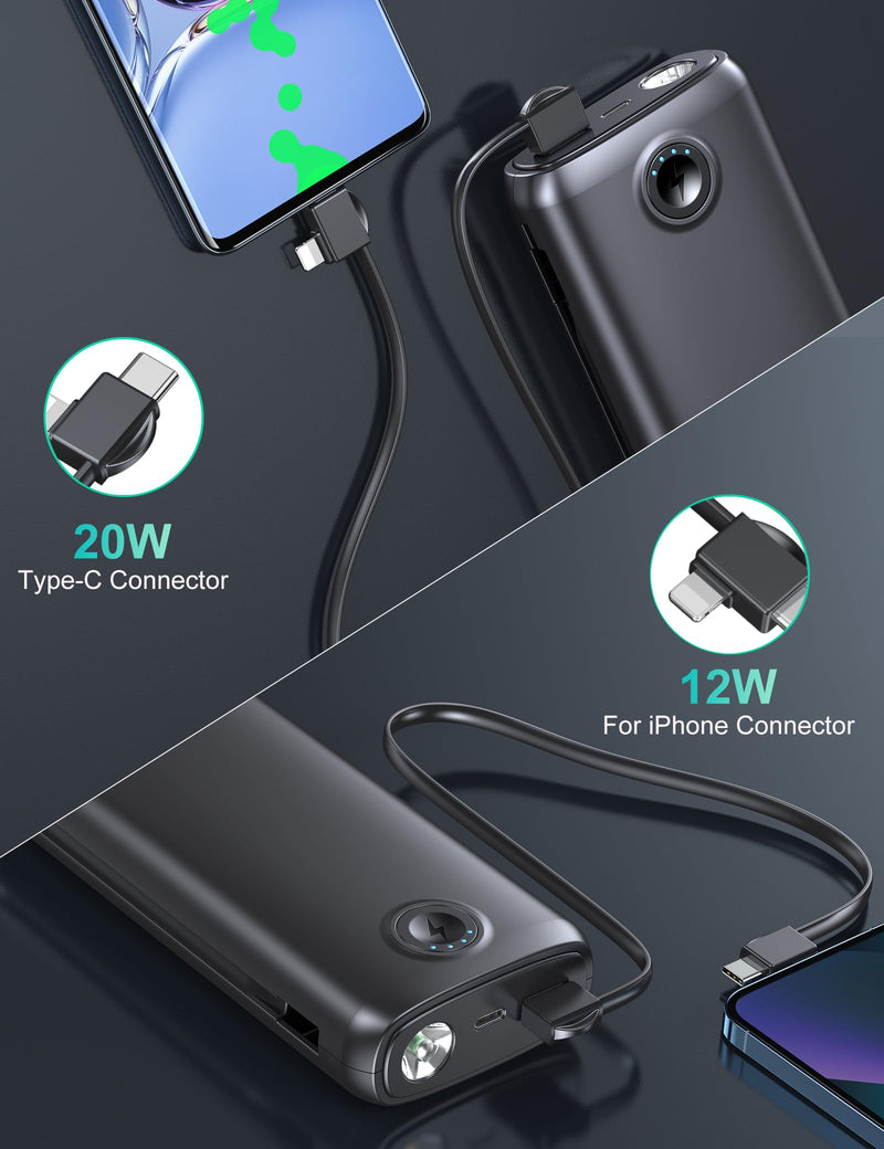 Dpdenoy Portable Charger with Built in Cable, 27000mAh Power Bank QC4.0 22.5W PD3.0 USB C Fast Charging, Phone Battery Pack with 3W Flashlight for iPhone, Samsung, Google, Tablet, and More Black 27000mAh