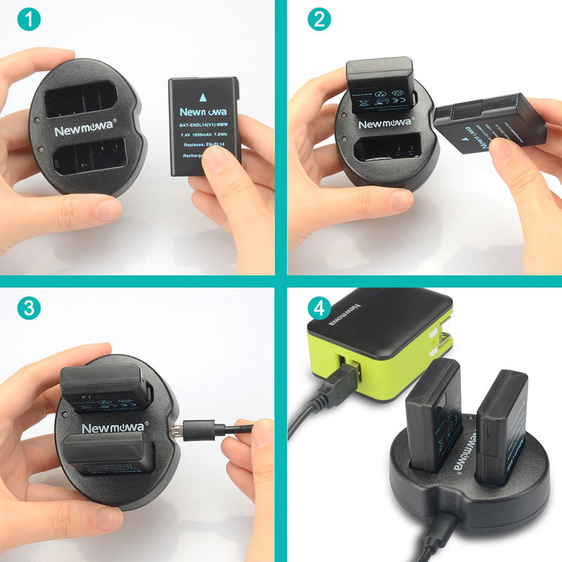 Newmowa EN-EL14 EN-EL14A Replacement Battery (2 Pack) and Dual USB Charger for Nikon EN-EL14, EN-EL14a and Nikon P7000, P7100, P7700, P7800, D3100, D3200, D3300, D3500,D5100, D5200, D5300, Df