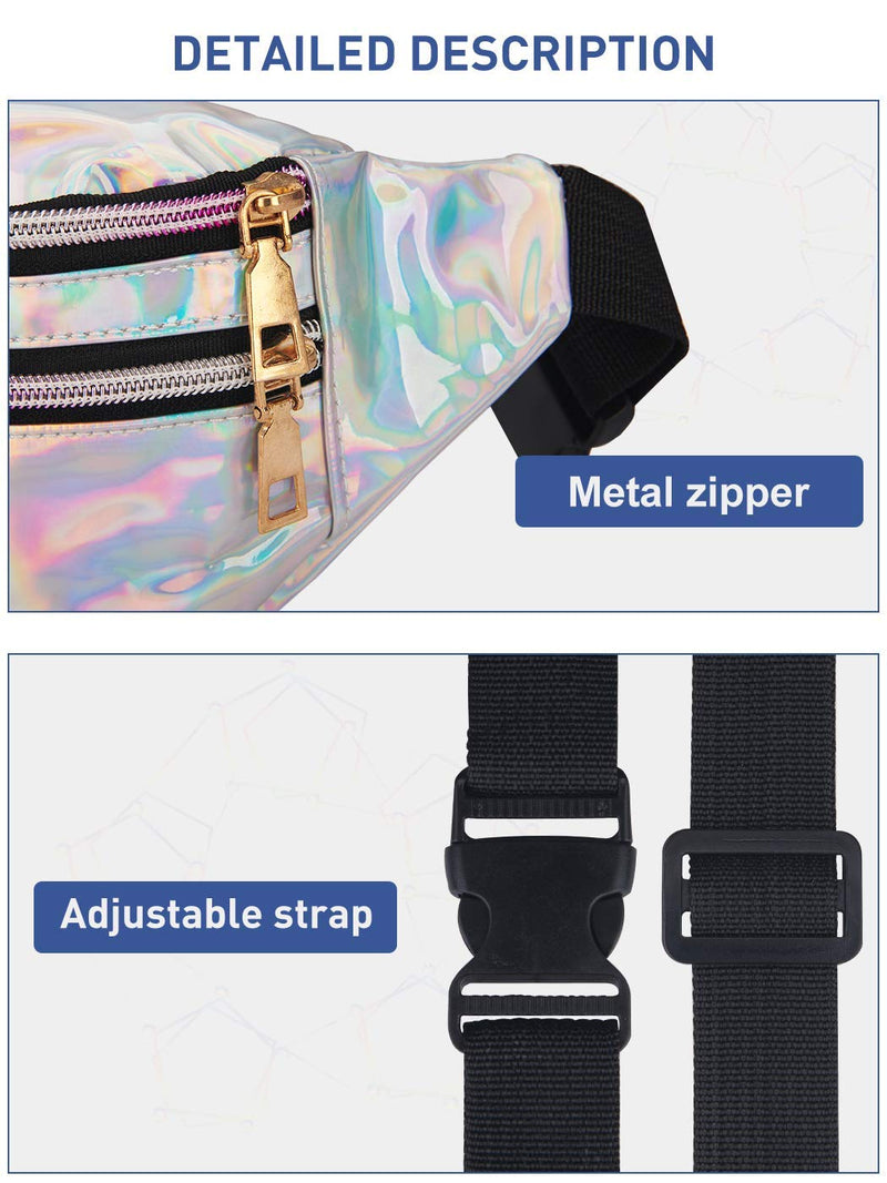 LIVACASA Holographic Fanny Packs for Women Cute Black Waist Packs Shiny Waist Bum Bag Waterproof for Travel Party Festival Running Hiking All Silver 12.2 ''x 9'' x5''