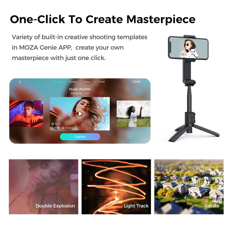 MOZA Nano SE Smartphone Gimbal Foldable Extendable Selfie Stick Stabilizer for Vlogging YouTube Travel Shooting Recording with Bluetooth Remote Control (Black) Black