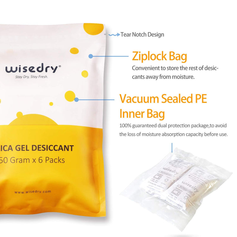 wisedry 50 Gram [6PACKS] Rechargeable Silica Gel Desiccant Packets Fast Reactivate Desiccant Bags Orange to Green indicating for Air Dryer Food Grade