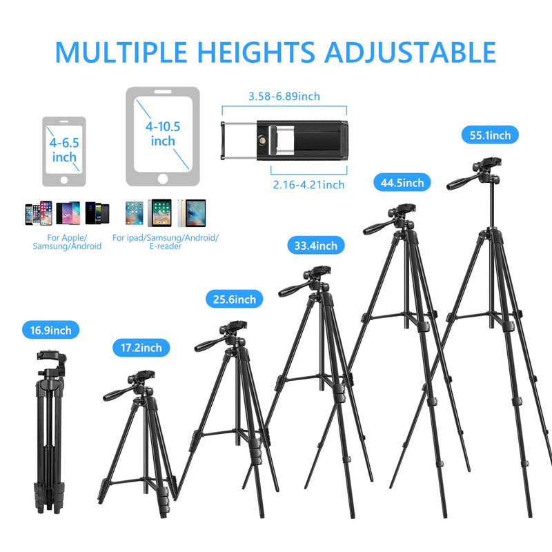Phone Tripod, 55'' Camera Tripod 2 in 1 Lightweight Travel Tripod Stand for iPhone ipad Universal Smartphone Tablet Camera GoPro with Carrying Bag & Bluetooth Remote