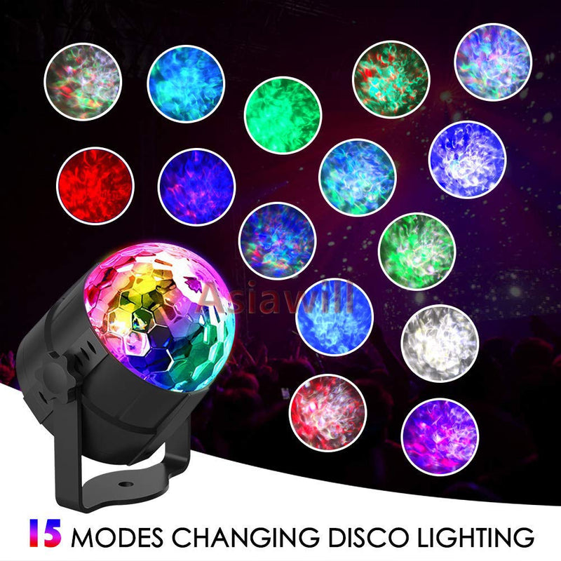 [AUSTRALIA] - Asiawill Mini Portable LED Stage Party Light Sound Activated 15 Color Modes Water Wave Remote Control LED Magic Ball Light for KTV Party Disco Club (US Plug) 15 Water Wave 