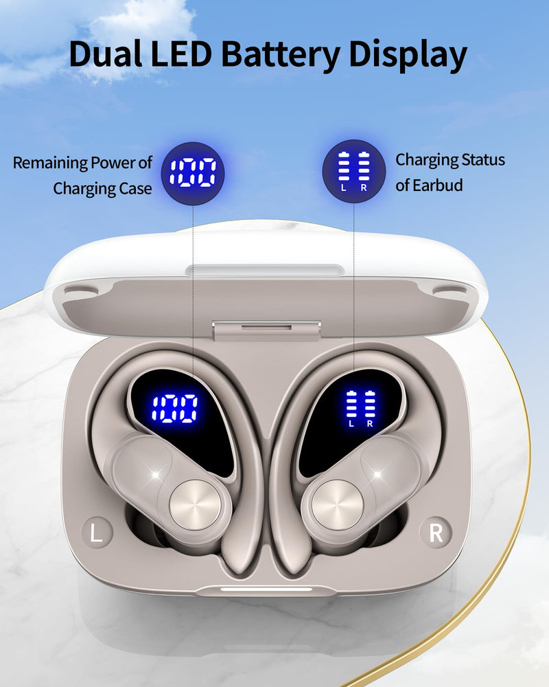 Bluetooth Headphones Wireless Earbuds 80hrs Playtime Wireless Charging Case Digital Display Sports Ear buds with Earhook Waterproof Over-Ear Earphones for TV Phone Laptop Contrast Color (Pearl Gray) Pearl Gray