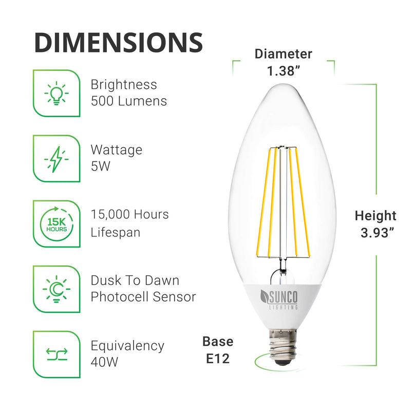 Sunco Lighting 6 Pack B11 LED Candelabra Bulb, Dusk-to-Dawn, 5W=40W, 2700K Soft White, Filament, 500 LM, E12 Base, Outdoor Decorative Light for Sconces - UL