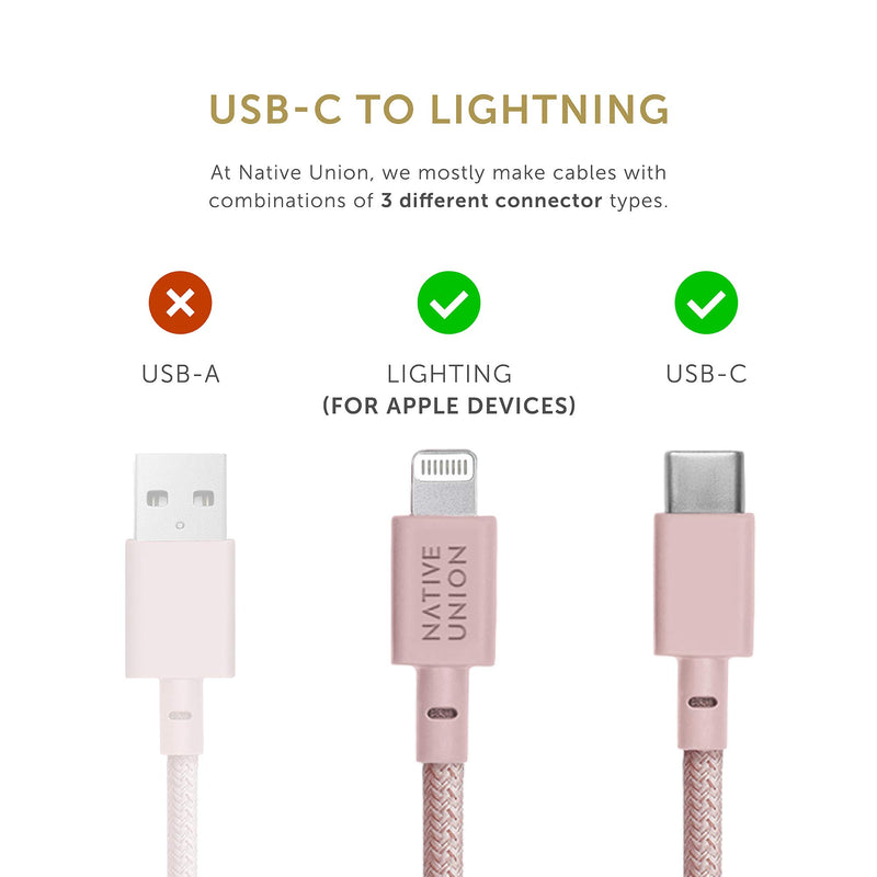 Native Union Belt Cable XL - 10ft Ultra-Strong Reinforced Durable USB-C to Lightning [MFi Certified] Charging Cable with Leather Strap Compatible with iPhone/iPad (Rose) Rose