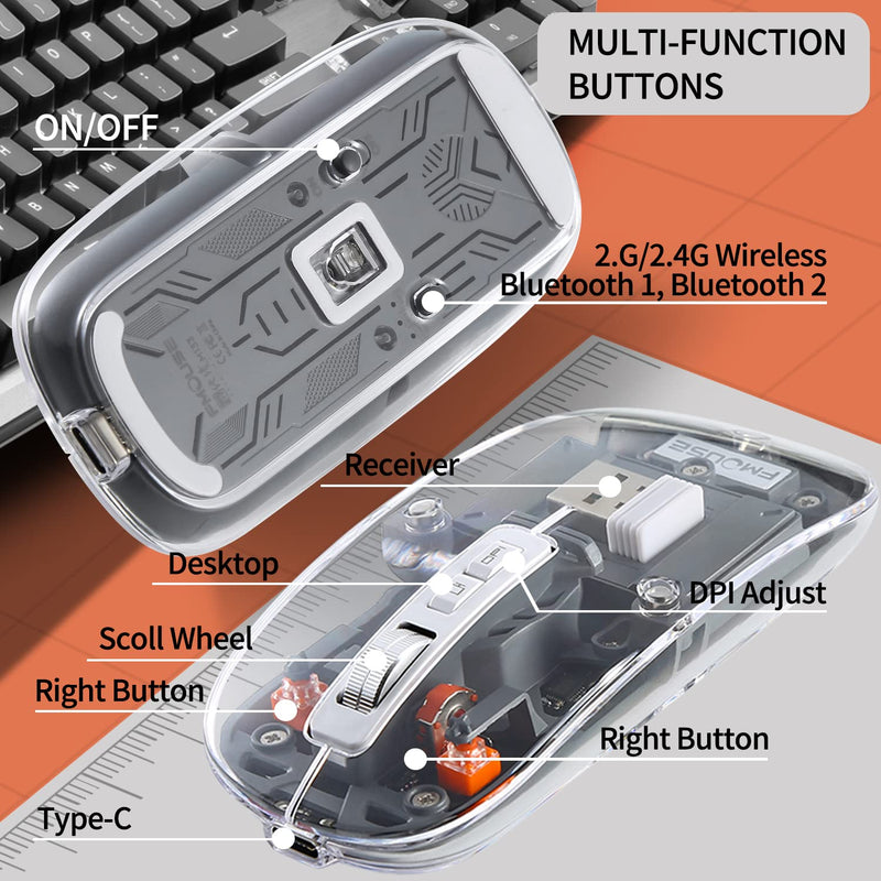 Wireless Bluetooth Mouse, LED Slim Rechargeable Wireless Silent Mouse with USB Receiver and Type C Adapter, Disassembly Magnetic Transparent Surface Cover Quiet Mouse for PC, Laptop, Mac, Desktop Gray