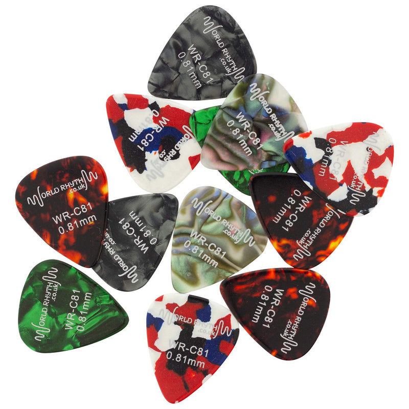 World Rhythm WR-C81 0.81mm Guitar Picks - 12 Celluloid Guitar Plectrums & Storage Tin - Range of Colours/Designs 0.81 mm