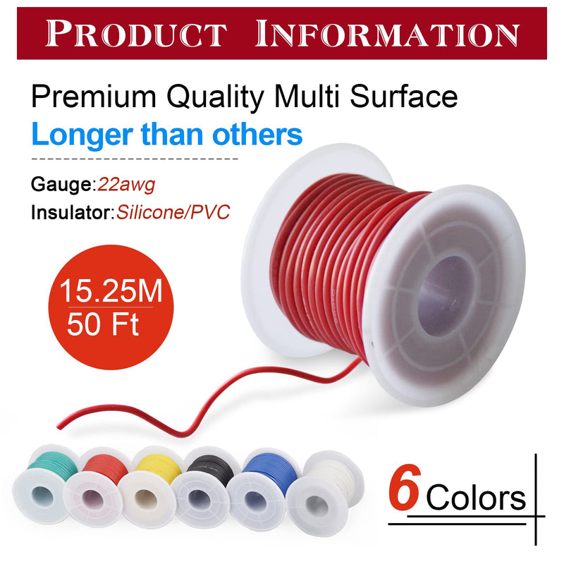 THUN-CT 22 AWG 0.35mm² Electronic Wire Kit 91.5 Meter in Total (6 Colors 50Feet/15.25Meter Each), Tinned Copper Wire Insulated Wires- 22 Gauge Stranded Hook Up Wires Kit for DIY 22 AWG 0.35mm² PVC Electronic Wire Kit
