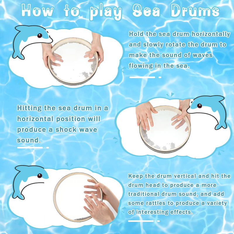 Ocean Drum 2 Pieces Wave Bead Hand Drum Natural Color Sound Drum Percussion Wave Drum with Hardwood Shell Ocean Sound Drum Musical Instrument Percussion for Home School Supplies, 8 Inch, 10 Inch