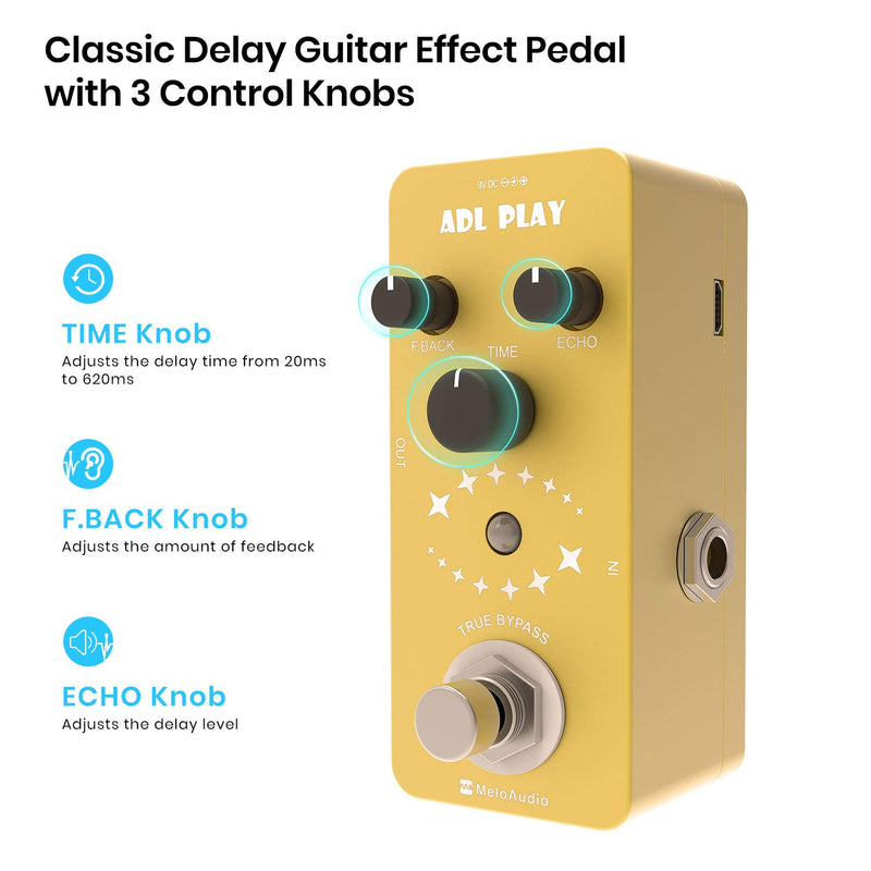 [AUSTRALIA] - MeloAudio Classic Delay Guitar Effect Pedal with True Bypass Full Metal Shell, Electronic Power Supply, Picks and Patch Pedal Cable 