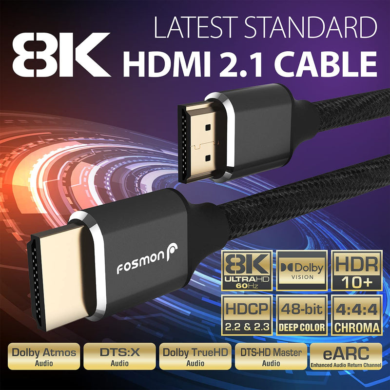 Fosmon HDMI 2.1 Cable 8K@60Hz 6.5ft, Premium Certified In-Wall CL3 Rated, 48Gbps Ultra High Speed, 4K@120Hz, Dynamic HDR, HDCP 2.3, 3D, eARC, 30AWG Cotton Braided Compatible with UHD TV Monitor & More 1 6.5 FT