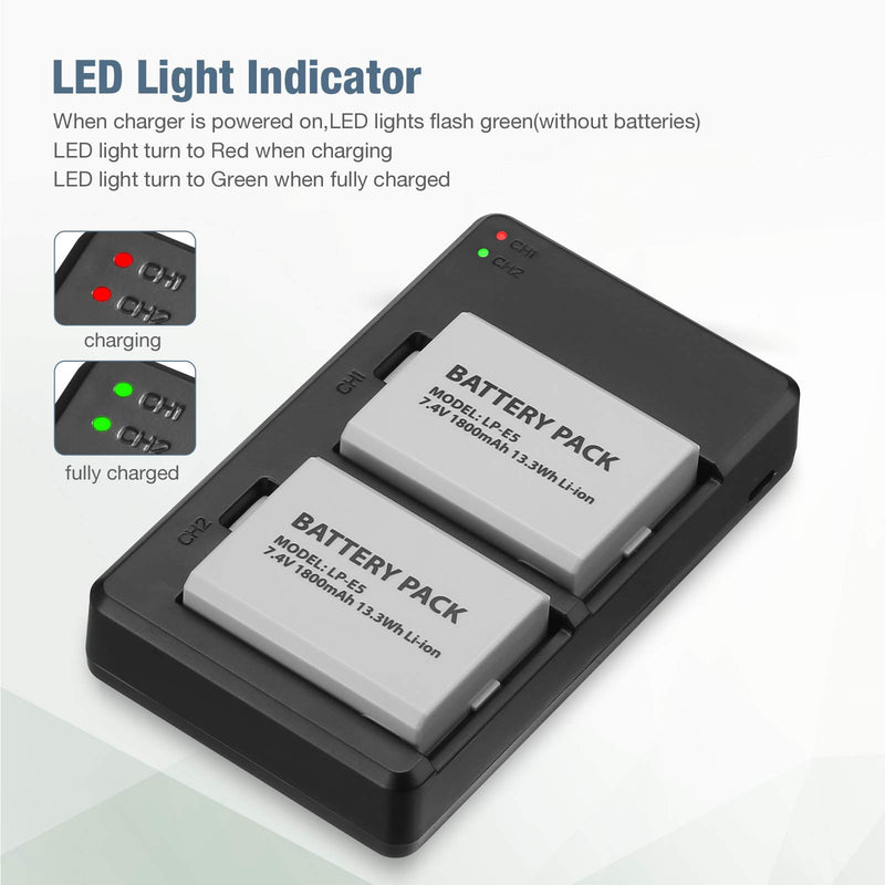 LP-E5 Battery 2 Packs 1800mAh LP E5 Relacement Li-ion Batteries with Rapid Dual Charger for Canon EOS Rebel XS, Rebel T1i, Rebel XSi, 1000D, 500D, 450D, Kiss X3, Kiss X2, Kiss F Digital Camera