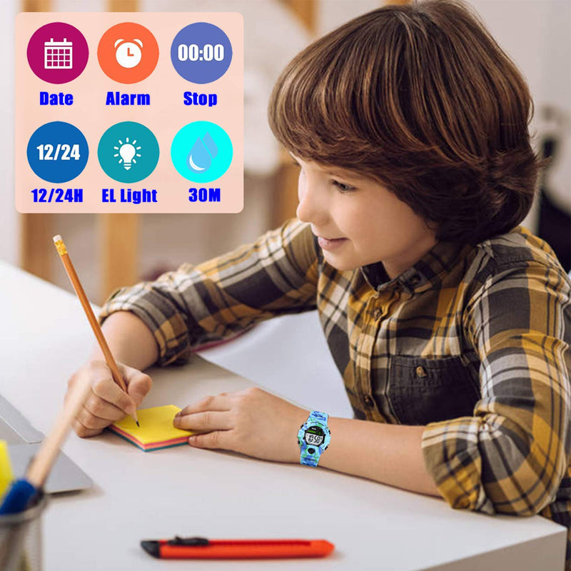 Kids Watch Sport Multi Function 30M Waterproof LED Alarm Stopwatch Digital Child Wristwatch for Boy Girl Light Blue Camouflage