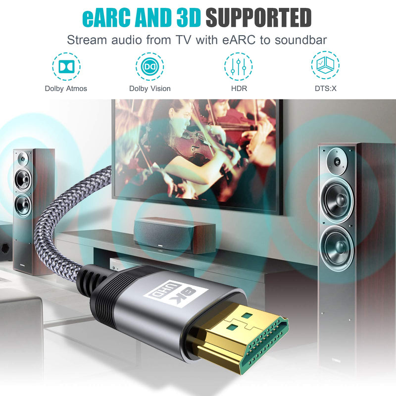 8K HDMI 2.1 Cable 6.6ft 48Gbps, Sweguard Ultra High Speed HDMI Braided cord 8K 60Hz 4K120Hz 144Hz,3D,RTX 3090 eARC HDR10 4:4:4 HDCP 2.2&2.3 Dolby for Apple TV/Fire TV/Roku/PS5/PS4/Xbox/Samsung/Sony/LG Grey