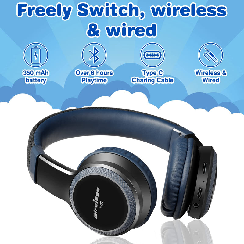 Kids Blutooth Headphones with mic, Colorful LED Lights, Stereo Sound, Bluetooth5.0, Foldable On-Ear Children Wireless/Wired Headphones Fit for Kids Teens Adults (Black&Blue) Blue
