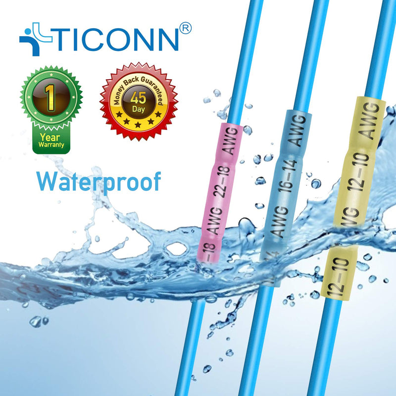TICONN 200PCS Heat Shrink Butt Connectors Kit, Insulated Waterproof Electrical Marine Automotive Wire Crimp Terminals, Butt Splice (3 Colors / 3 Sizes)