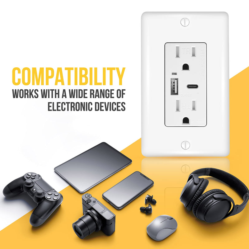 Faith Combination Electrical Outlet and USB Wall Charger | White Wall Outlet with USB Ports (2-Pack) | Power Outlet 15A/125V with 3.6A/5V Type A and C USB Outlets | Fast Charging and Tamper Resistant 2-Pack - White USB Type-C