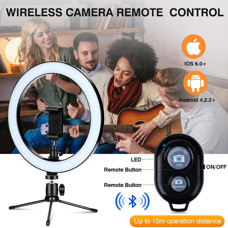 Selfie LED Ring Light 10'' with Tripod Stand & Phone Holder & Remote Control for TikTok YouTube Video, Dimmable Desk LED Ring Light for Video/Live Stream/Makeup/Photography