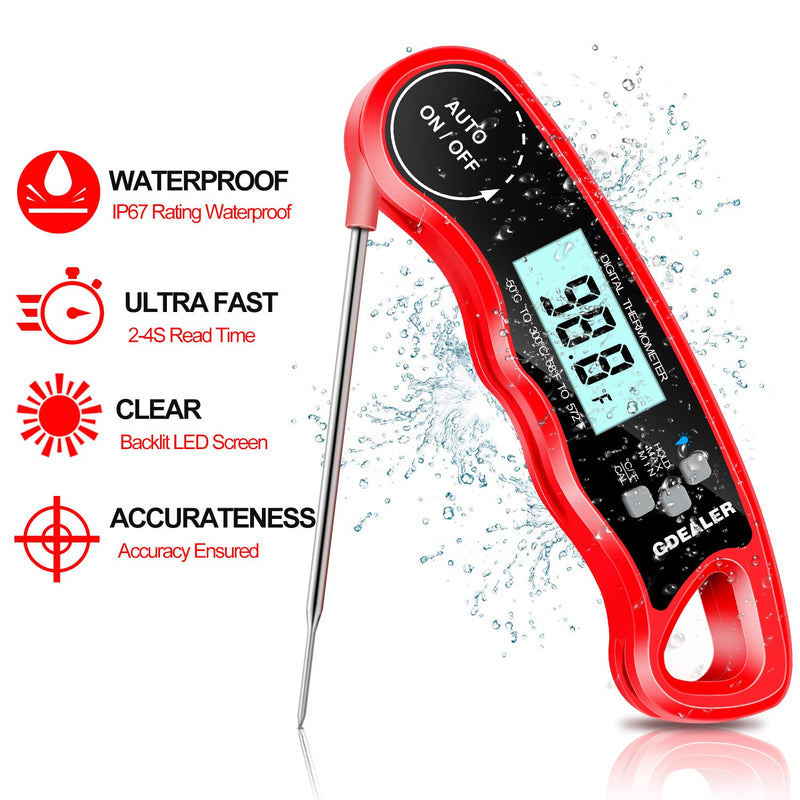 GDEALER DT09 Waterproof Digital Instant Read Meat Thermometer with 4.6” Folding Probe Calibration Function for Cooking Food Candy, BBQ Grill, Smokers A-Red