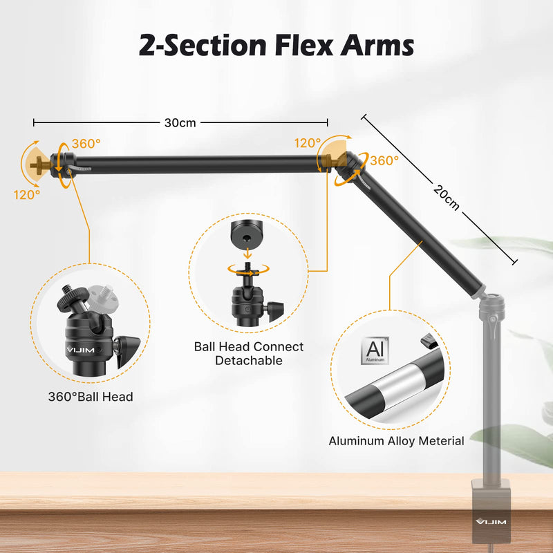 VIJIM LS06 Flexible Arm Detachable 2-Section Magic Arm with 1/4" Interface Mount on Any Camera Desk Mount Stand for Overhead Shooting