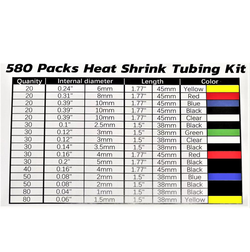 580 pcs Heat Shrink (2:1) Tubing Sleeves, Electrical Electronic Wire Cable Wrap Assortment Waterproof Electric Insulation Heat Shrink Tubing Kit with Organizer Carry Case for DIY (6 Colors/11 Sizes).