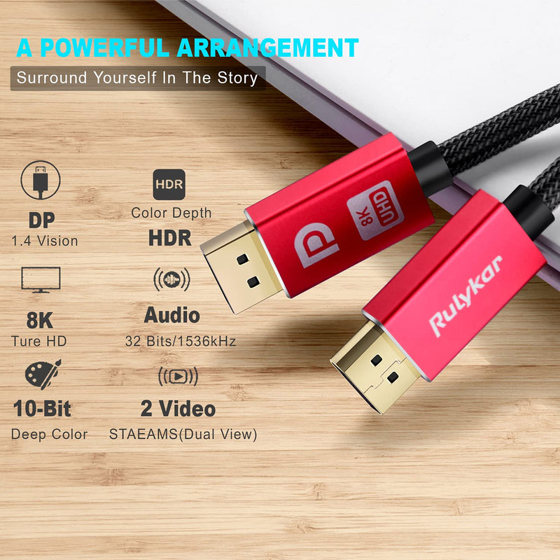 8K DisplayPort Cable 6.6FT/2M, Rulykar DP 1.4 Cable Nylon Braided(4K@144Hz,8K@60Hz) Computer Accessories Cable for Laptop PC TV etc-Gaming Monitor (Red) 6.6 Feet