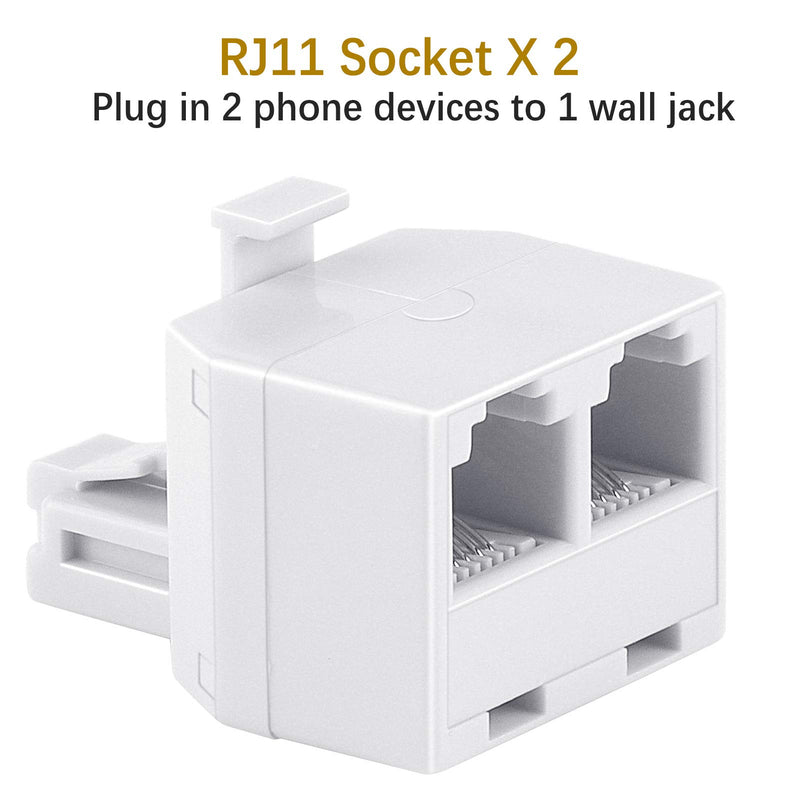 Uvital RJ11 Duplex Wall Jack Adapter Dual Phone Line Splitter Wall Jack Plug 1 to 2 Modular Converter Adapter for Office Home ADSL DSL Fax Model Cordless Phone System, White(2 Packs) 2 Pack