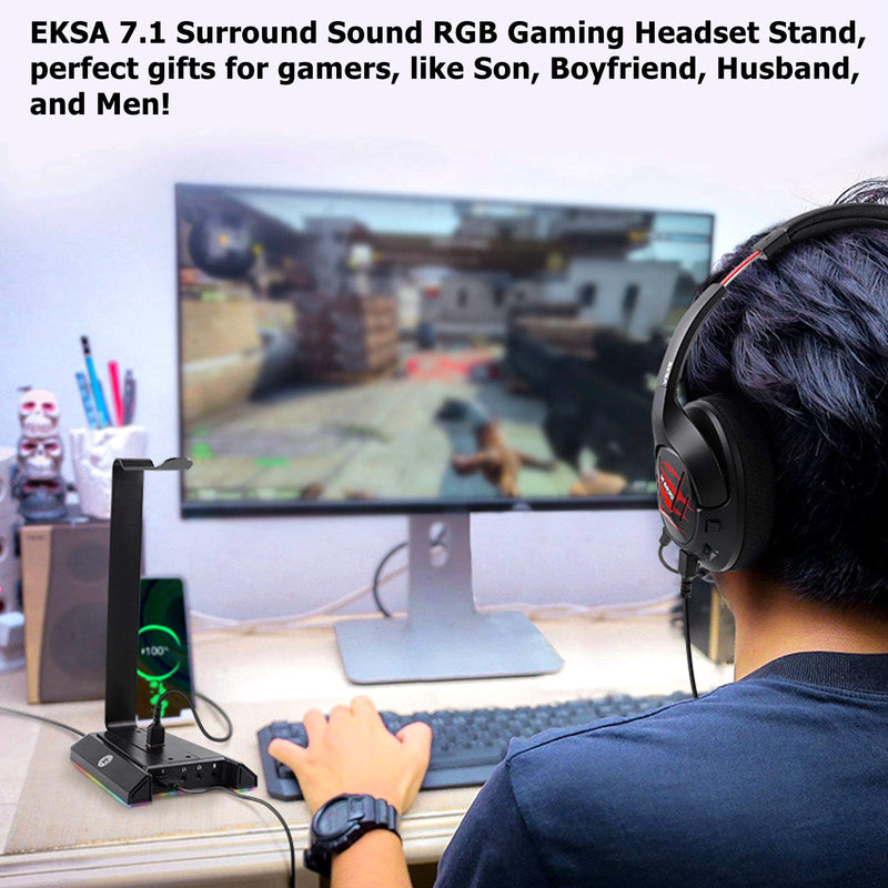 EKSA Gaming Headphone Headset Stand, Aluminum RGB Headset Headphone Stand Holder with USB Charger 7.1 Surround Sound and 3.5mm Port Fit for Gamers Gifts Desk Gaming Accessories