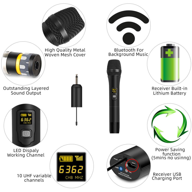 [AUSTRALIA] - Depusheng W1 UHF Wireless Microphone System Handheld LED Mic UHF Speaker with Portable Receiver 