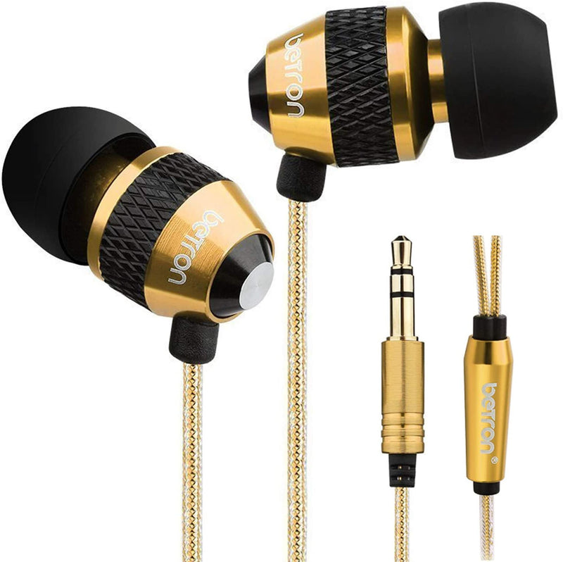 Betron B25 Earphones, Noise Isolating in-Ear Wired Headphones with Strong Bass, Tangle-Free Cord, Lightweight, Carry Case and Soft Earbud Tips Gold
