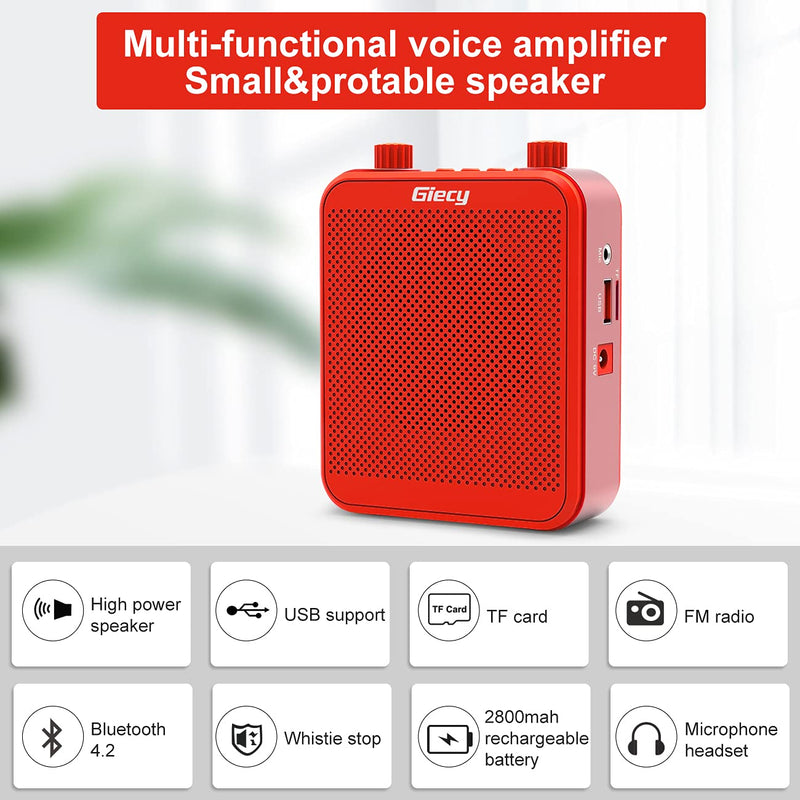 Giecy Portable 30W Voice Amplifiers 2800mAh Large Capacity Rechargeable Battery Bluetooth PA Sytem for Classroom, Meetings and Outdoors (Red voice amplifier 1