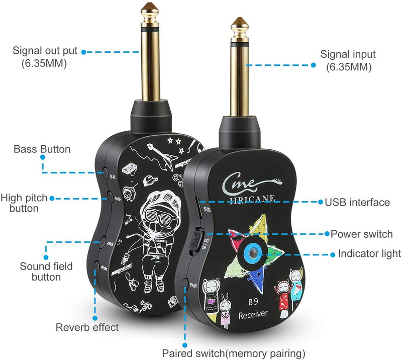 Alnicov Wireless Guitar System,UHF Guitar Transmitter Receiver Rechargeable with Bluetooth Reverb Effect for Electric Guitar Bass Violin B9