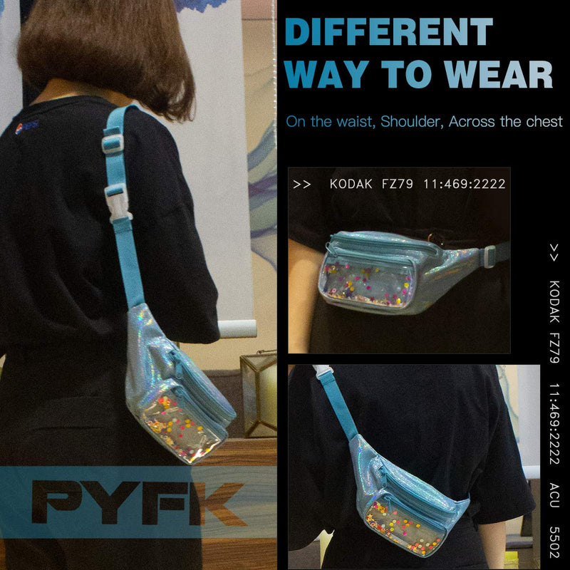 PYFK Holographic Fanny Pack Fashion Festival Waist Bag for Women Girls Shiny Bag with Adjustable Belt for Traveling, Party, Rave Glitter Turquoise