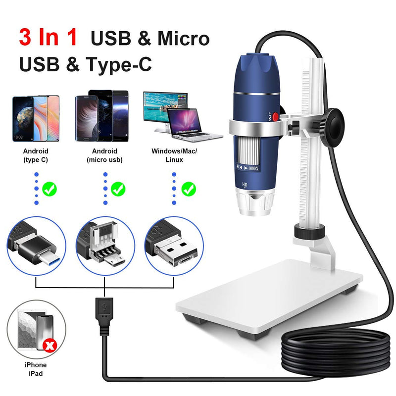 Jiusion HD 2MP USB Digital Microscope 40-1000X Portable Magnification Endoscope Camera with 8 LEDs Aluminum Alloy Stable Stand for OTG Android Mac Windows 7 8 10 11 Linux Chrome